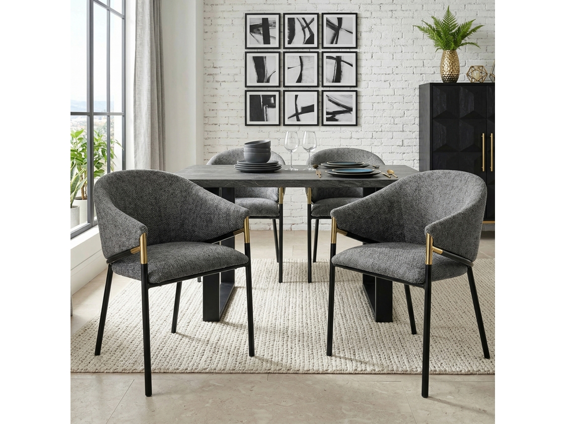 Sillas De Comedor 4 Unidades - Cómodas Y Transpirables, Con Reposabrazos De Acero Inoxidable Dorado, Estilo Moderno - Gris