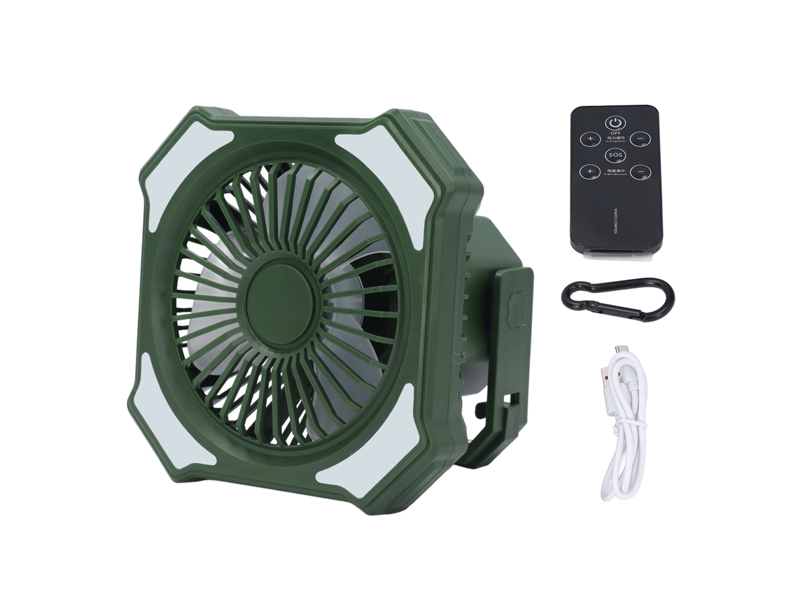 Ventilador portátil recargable de 4000 mAh con linterna LED verde.