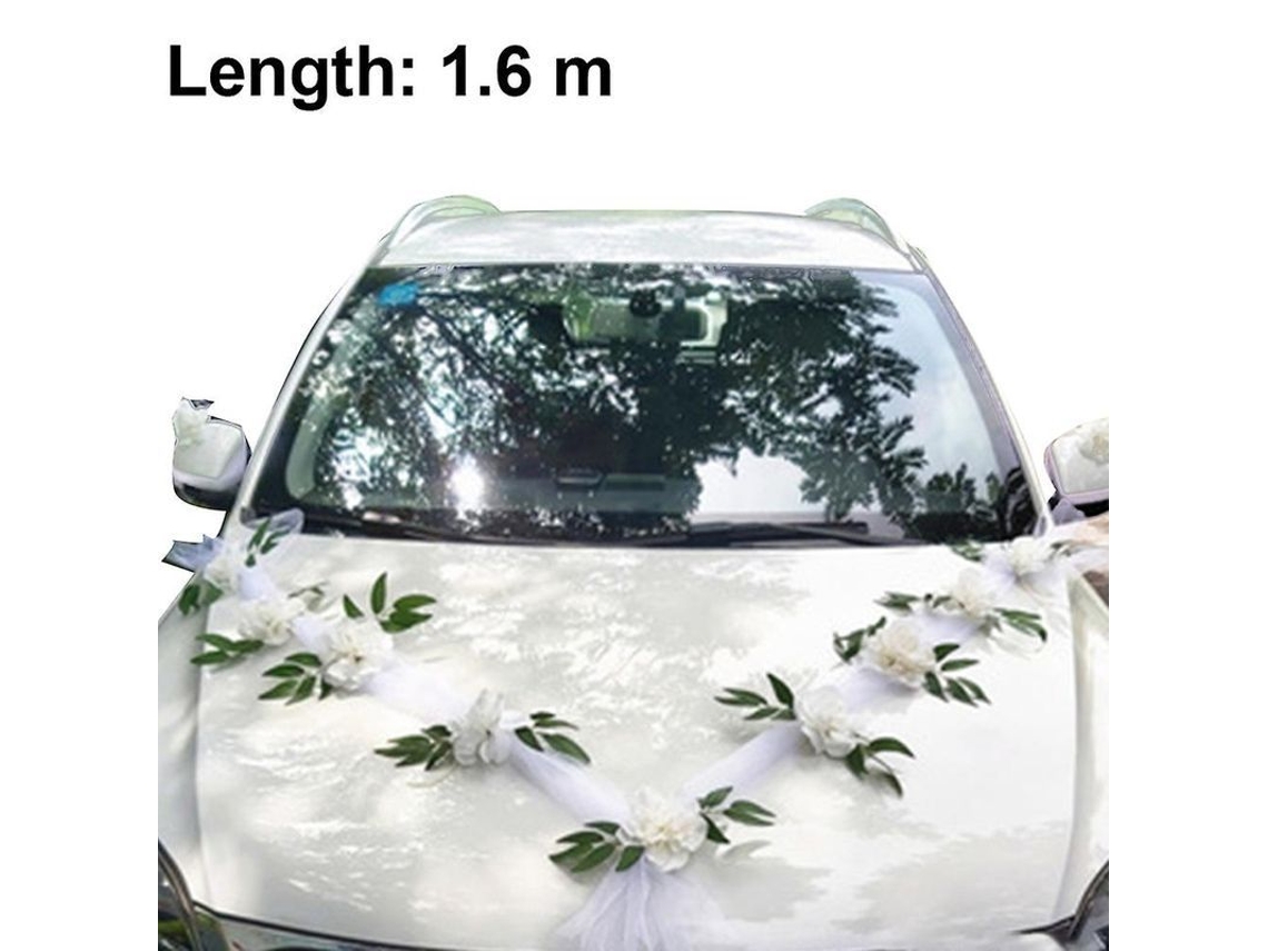 Adorno De Cinta De Boda Con Lazo Blanco Y Flores Para Coche De Novios