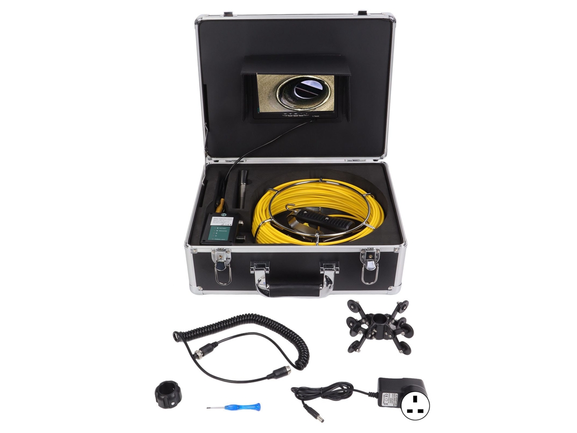 Cámara de inspección de tuberías IP68 de 7 pulgadas con cable de 30 m y enchufe británico.