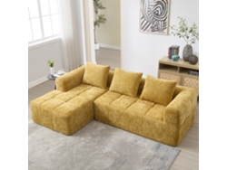 Sofá esquinero de 3 plazas, chaise longue, reposabrazos, 3 cojines, bolsillos laterales, color amarillo