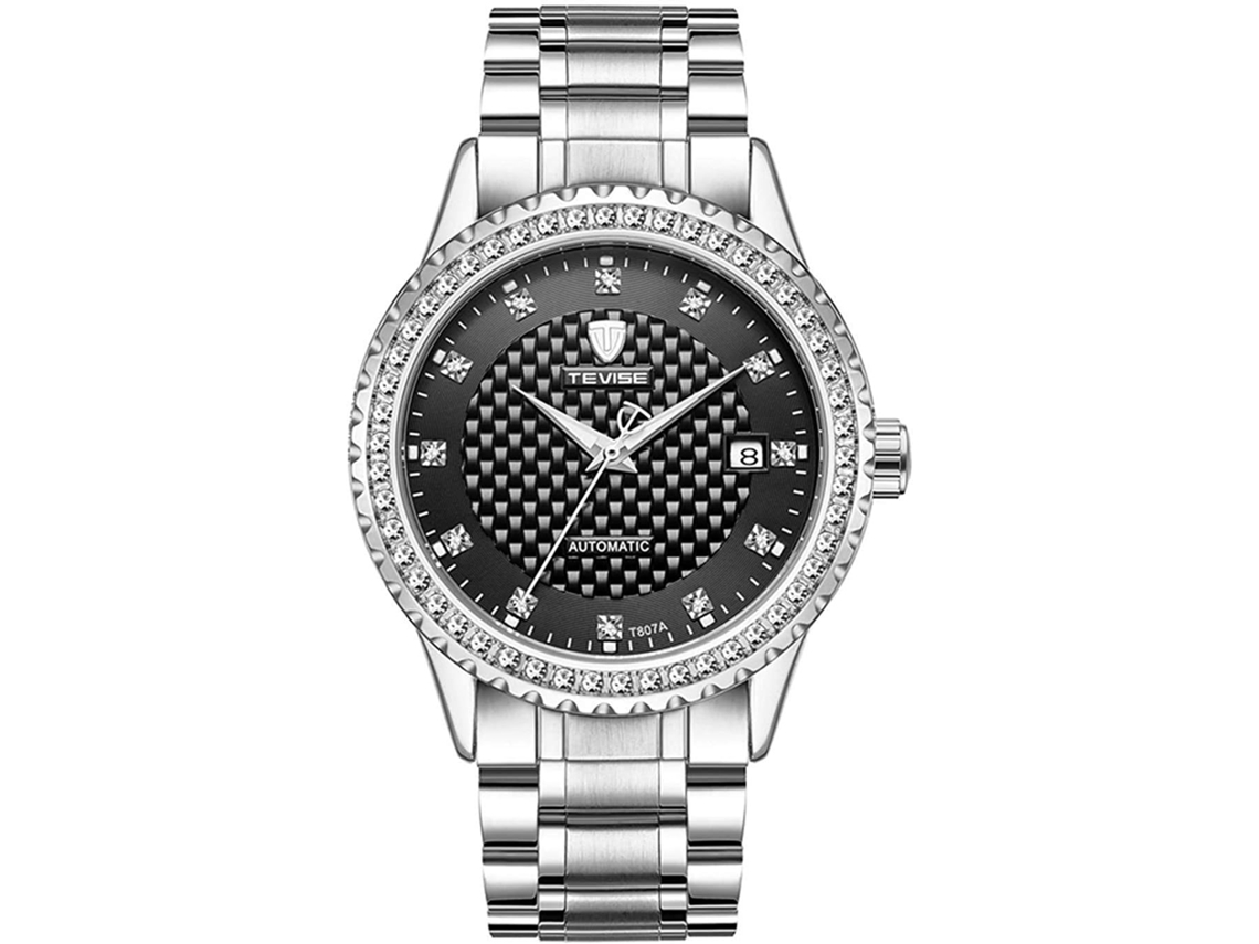 Reloj Mecánico para Hombre Reloj Automático de Dos Tonos Reloj de Diamantes de Imitación de Acero Inoxidable-Plata Blanca