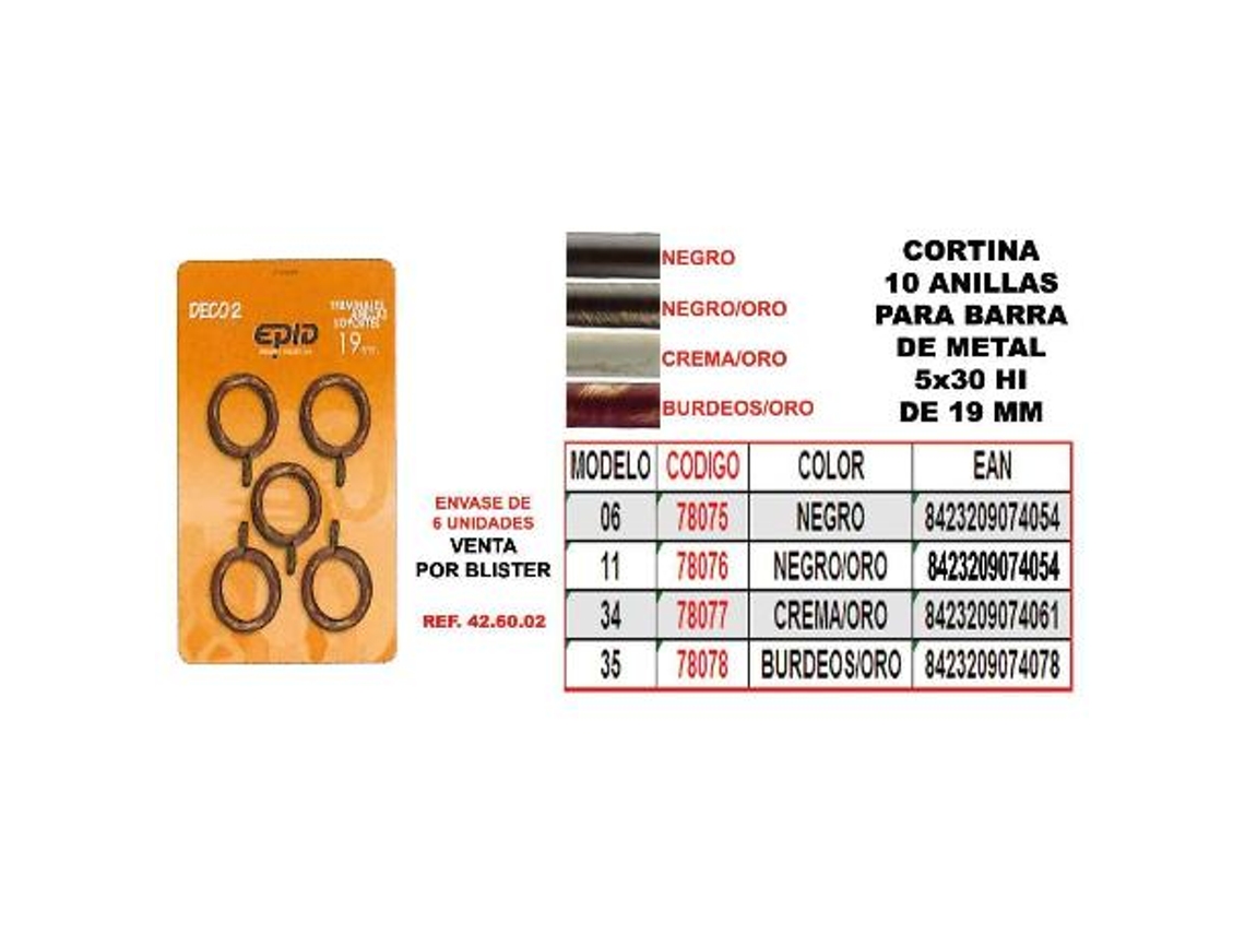 Cortina 10 anillas+gancho hierro barra 19mm 5x30 06 negro