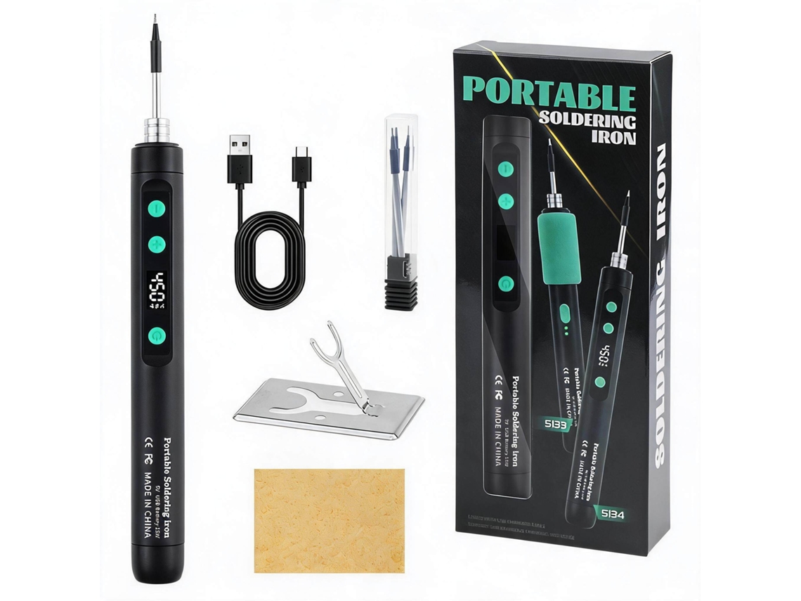 Ferro de soldar portátil de 15 W, recarregável via USB, com temperatura ajustável de 180 °C a 450 °C e 3 pontas de solda pretas da Digitallab.
