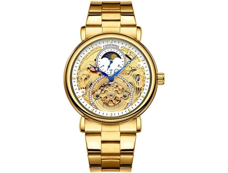 VEANXIN Relojes de pulsera automáticos de cuero y acero inoxidable con esqueleto-Acero inoxidable dorado blanco.