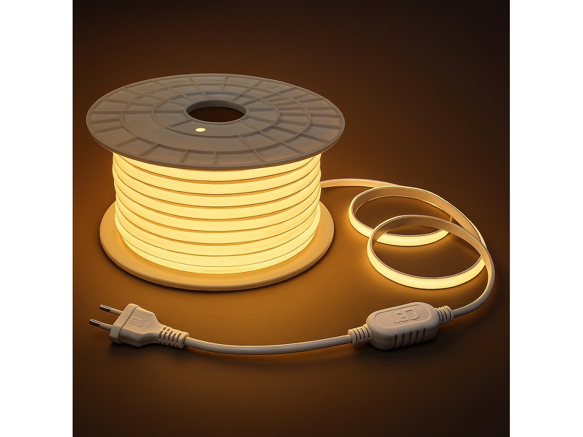 Tira De Led Flexible, 100 Metros, 230 V, Cob, Alto Brillo 288 Led/m, Cada Tira Se Puede Cortar A 50 Cm, Agua Ip65, 3000 K,Interior Y Exterior