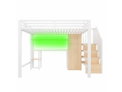 Litera metálica de 140x200 cm con escritorio, estantería, armario y escalera con espacio de almacenamiento - Blanca