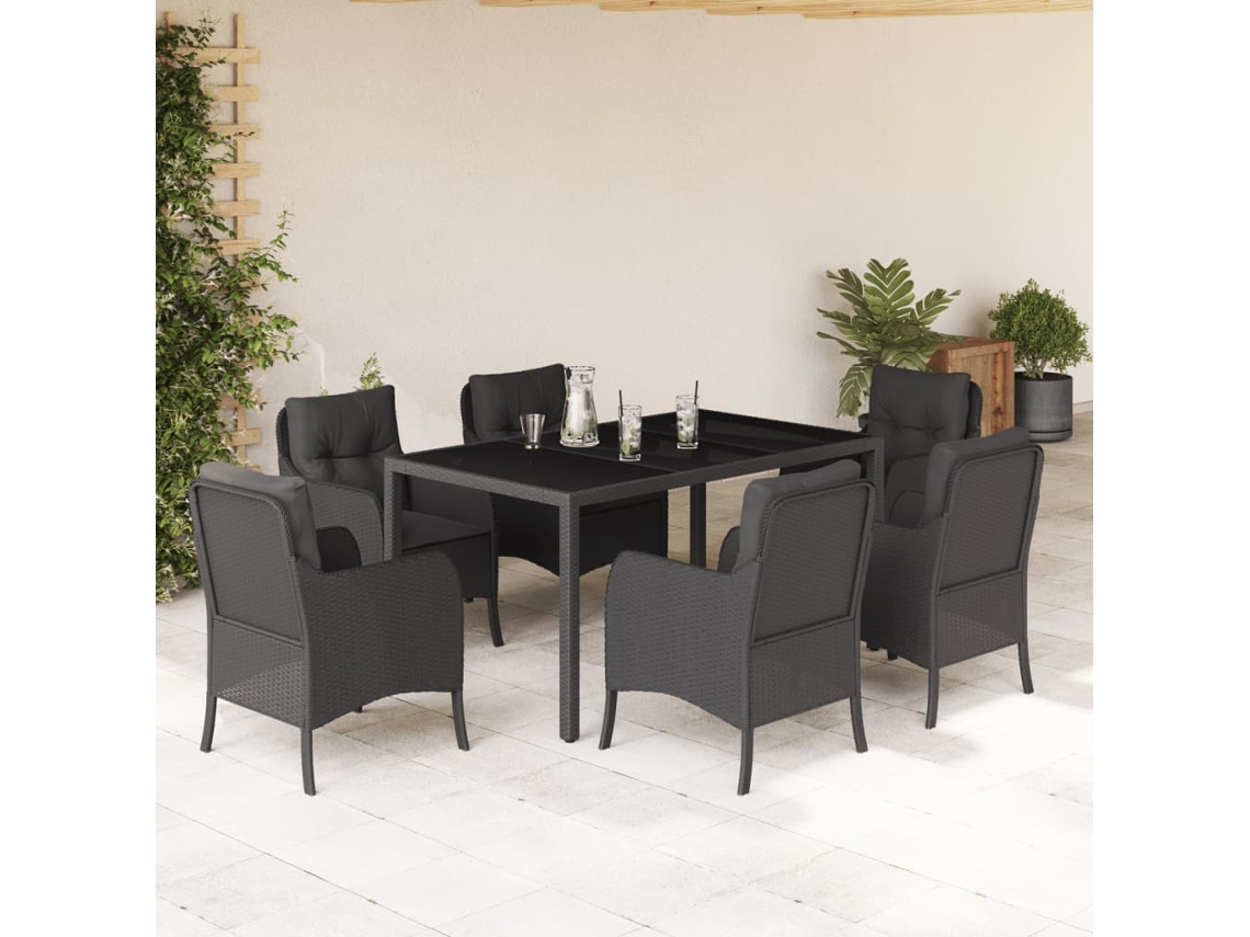 Juego de comedor de jardín de 7 piezas con cojines de mimbre negros de DKD Home Decor