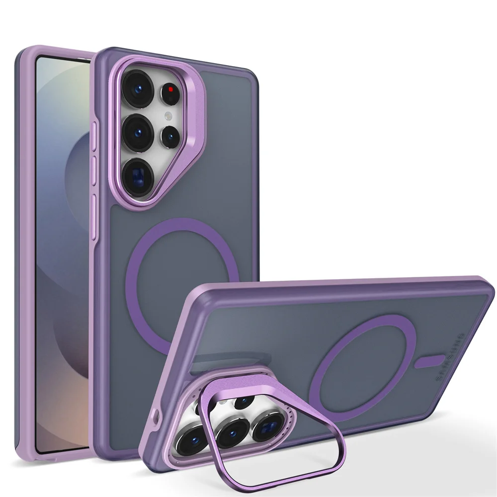 (galaxy S25 Ultra, Morado) Funda Protectora Magsafe Para Samsung Con Soporte De Lente Metálico Y Cierre Magnético.