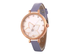 Reloj De Mujer De Moda Coreana, Cuero Lila, Cuarzo Analógico, Redondo.