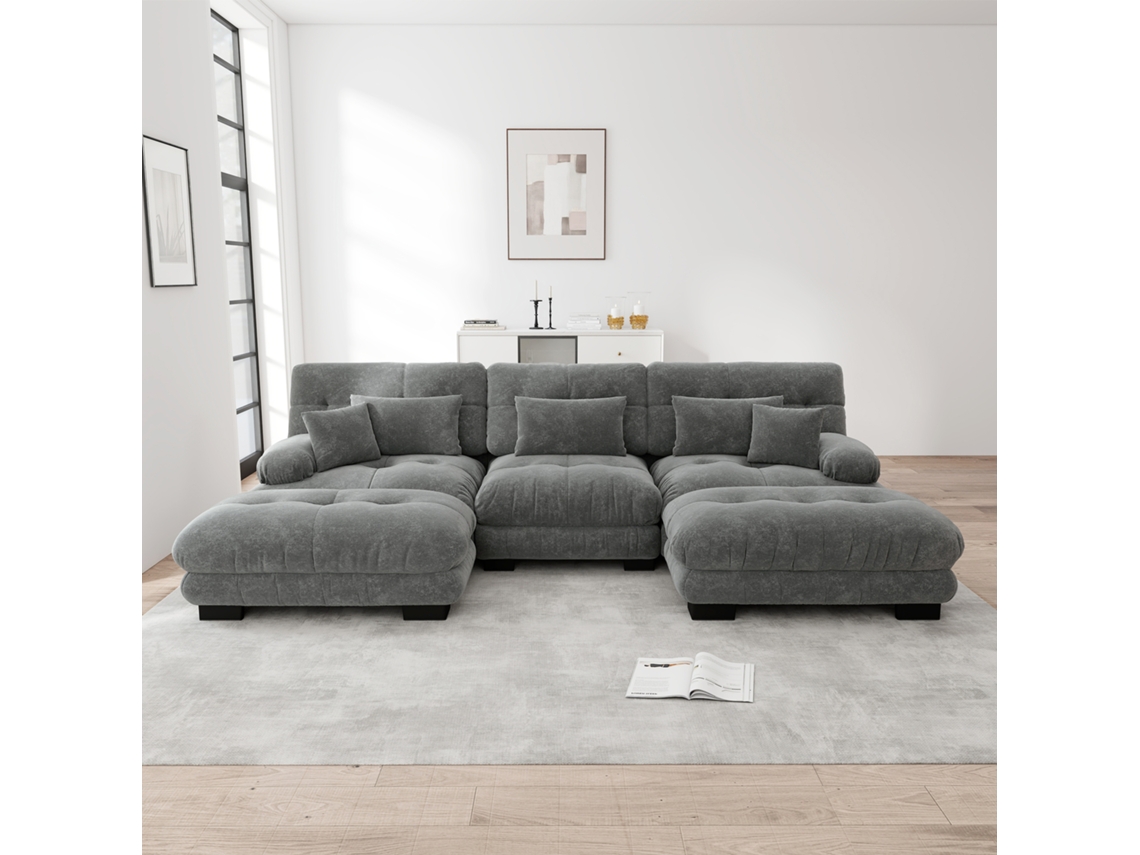 Sofá Modular U 4 Plazas - Sofá Convertible Con Ottoman, Chenille, Gris