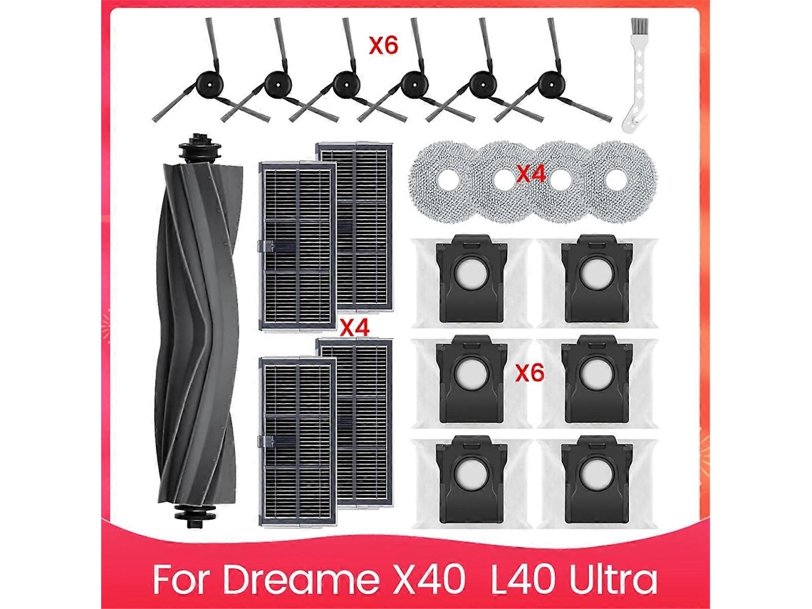 Kit de accesorios Webake para aspiradoras Dreame X40 y L40 Ultra: cepillo lateral principal, filtro HEPA, paño de limpieza, bolsas para polvo.