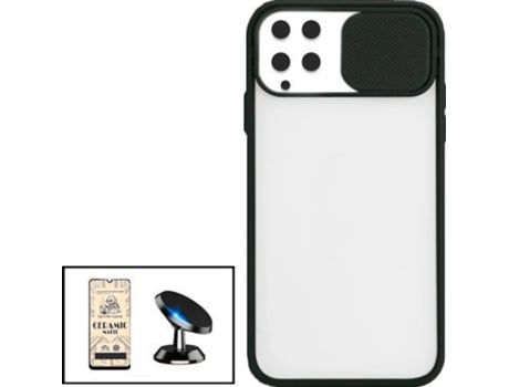 Kit Funda Slide Window Anti Choque Frosted, Cristal Templado CeramicGlass Full Cover y Soporte Magnético de Coche Samsung Galaxy M32 PHONECARE Negro