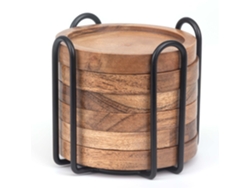 Relaxdays Posavasos 6 Unidades, Ø 10 Cm, Madera De Acacia, Para Vasos, Con Soporte, Borde Elevado, Natural/negro