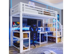 Cama Alta De Metal De 90x200 Cm Con Escritorio, Iluminación Led, Puertos Usb, Estantes Y Escalera.