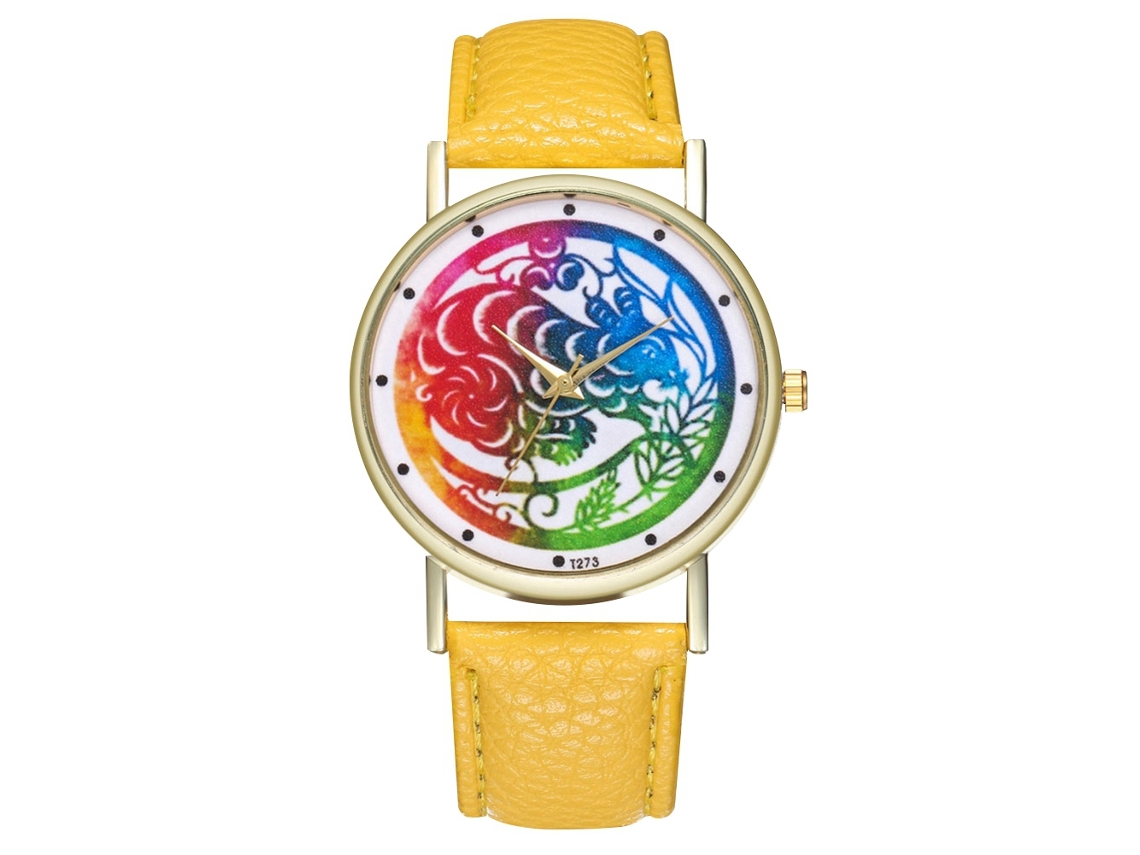 Reloj De Pulsera Unisex De Cuarzo Con Correa De Piel Sintética, Estampado Animal Y Esfera Redonda Amarilla.