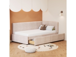 Taburete cama tapizado de terciopelo de 90 x 200 cm con 2 cajones y somier de láminas beige.