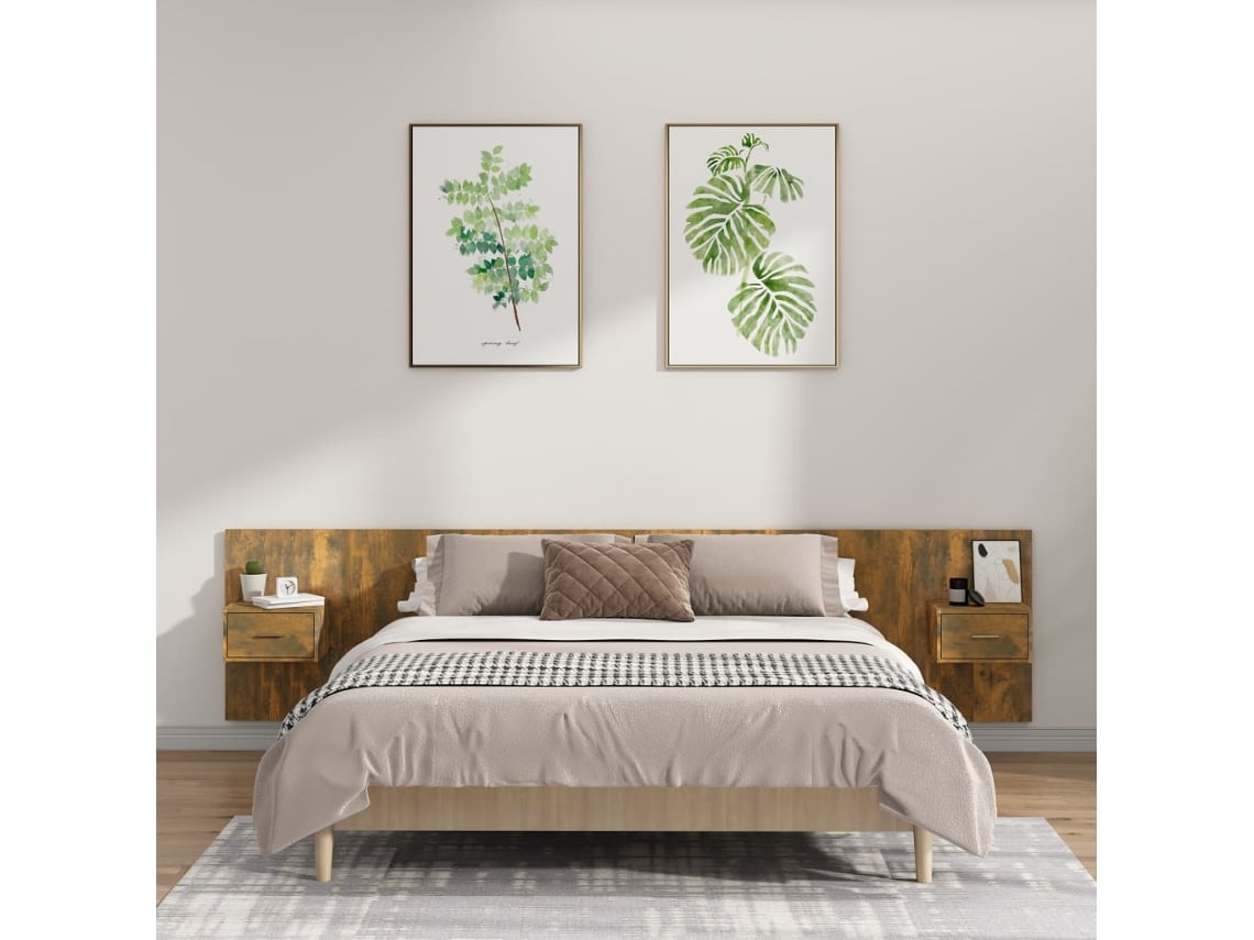 Cabecero De Cama Y Mesitas Madera Contrachapada Roble Ahumado