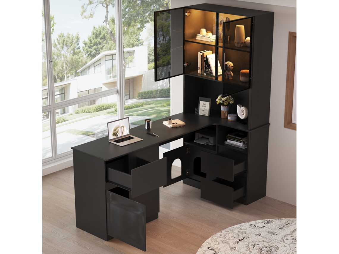 Escritorio De Esquina Con Estante Led, 120x80x180cm, 3 Cajones, 2 Puertas, Librería.