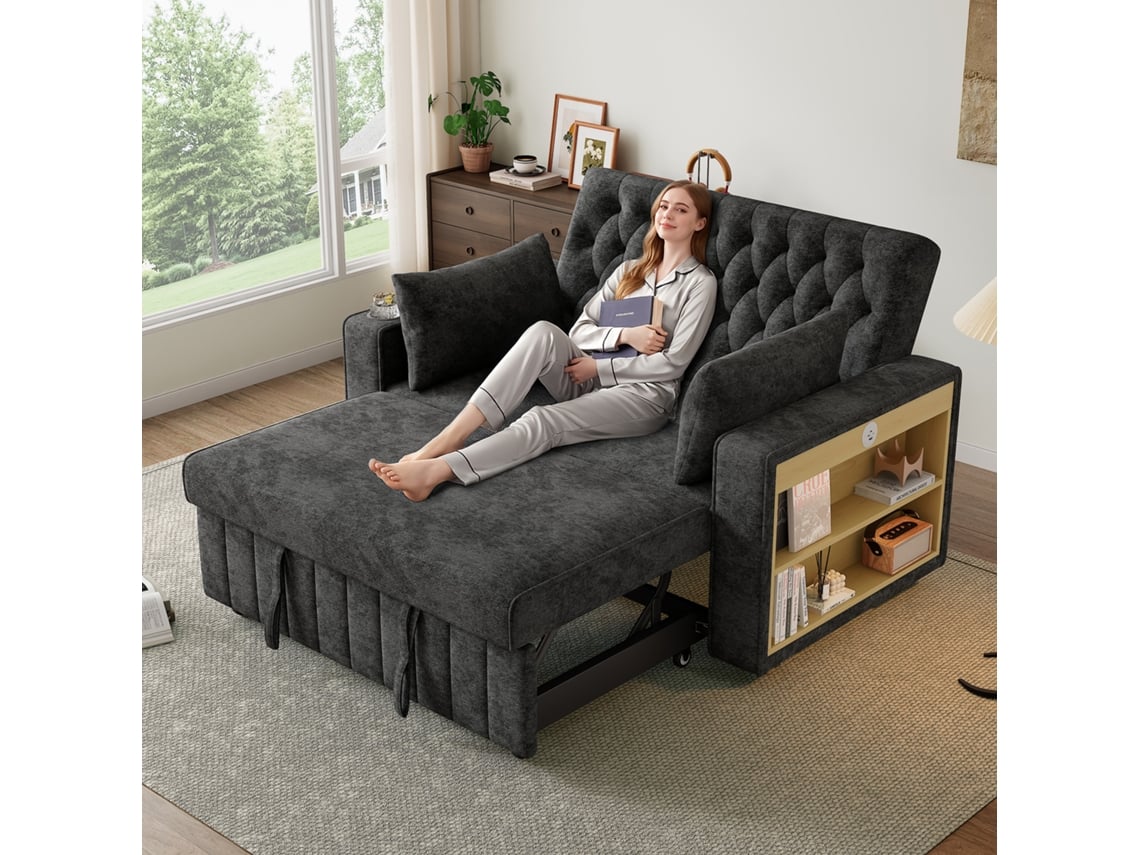 Sofá cama multifuncional de 3 plazas con almacenamiento, función de cama, portavasos, puerto USB y cojines - Gris