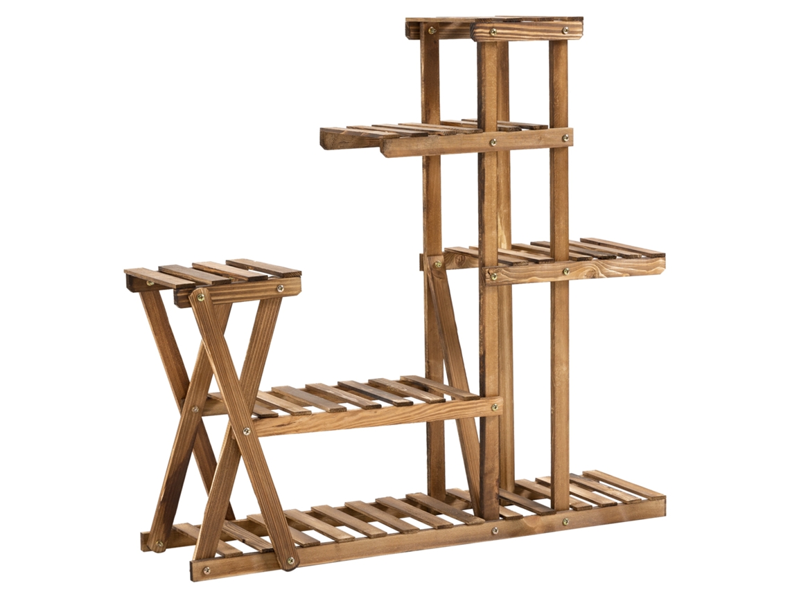 Soporte de madera para plantas, 5 niveles, 60 kg, 98 x 28 x 95 cm, acabado carbonizado.