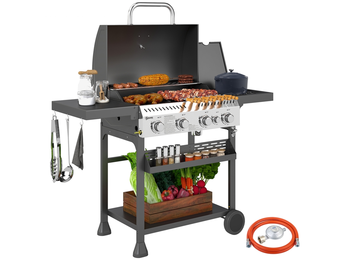 Parrilla De Gas, Barbacoa, 4 Quemadores Principales, 1 Quemador Lateral, 1 Placa Calentadora 135 X 55 X 103 Cm, Negra