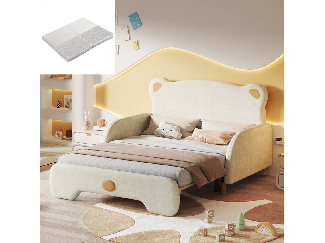 Cama Doble 140 X 110 Cm Y 140 X 200 Cm - Cama Infantil Con Forma De Oso, Extensible, Con Colchón De Espuma - Beige