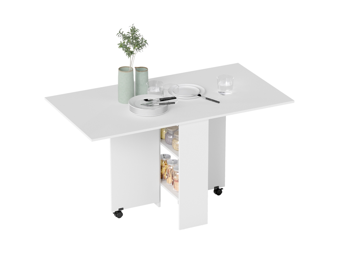 Mesa de comedor plegable para cocina con ruedas, 2 estantes, madera blanca.