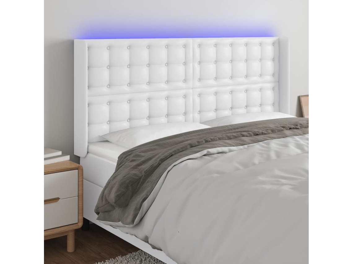 Cabecero Con Led Cuero Sintético Blanco 203x16x118/128 Cm