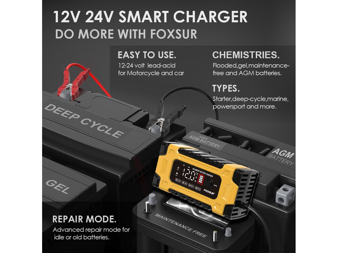 Cargador De Batería Foxsur De 12 V, 24 V Y 10 A Con Pantalla De Reparación Inteligente Para Coches Y Motos