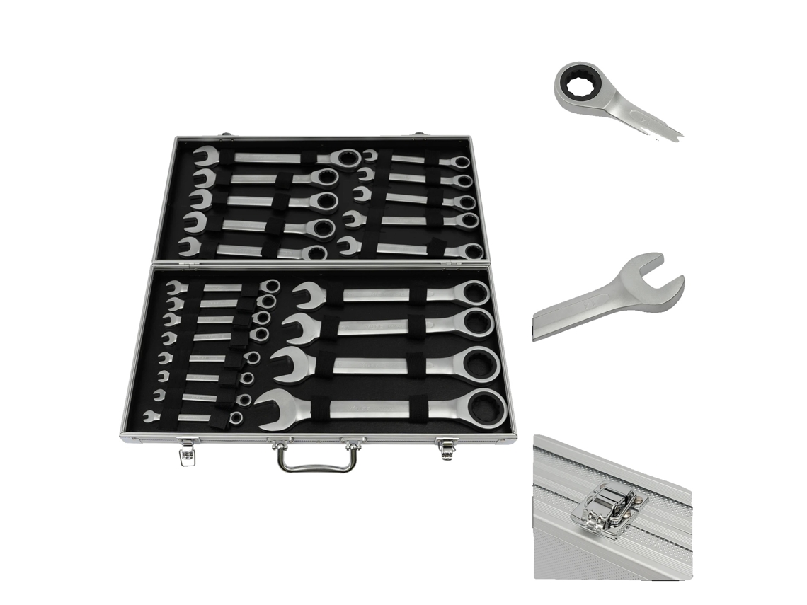 Juego de llaves de carraca de 22 piezas, kit de herramientas profesional, color plata.