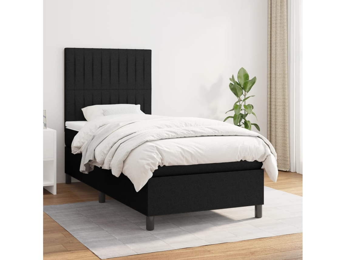 Cama con colchón de muelles y cabecero de tela negra (90x200 cm)