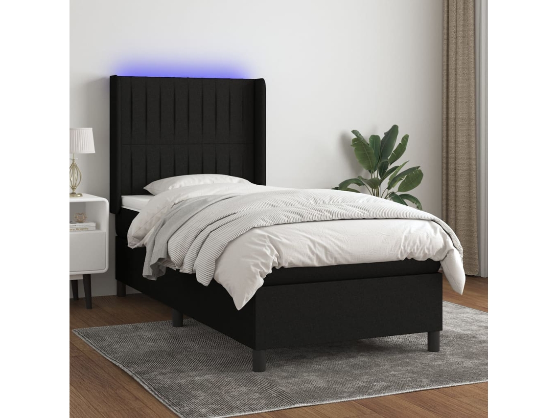 Cama Box Spring Colchón Y Luces Led Tela Negro 90x200 Cm