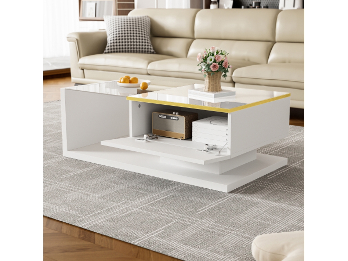 Mesa de centro de 90 cm de ancho, color blanco brillante. Mesas auxiliares y de centro con cristal y efecto LED.