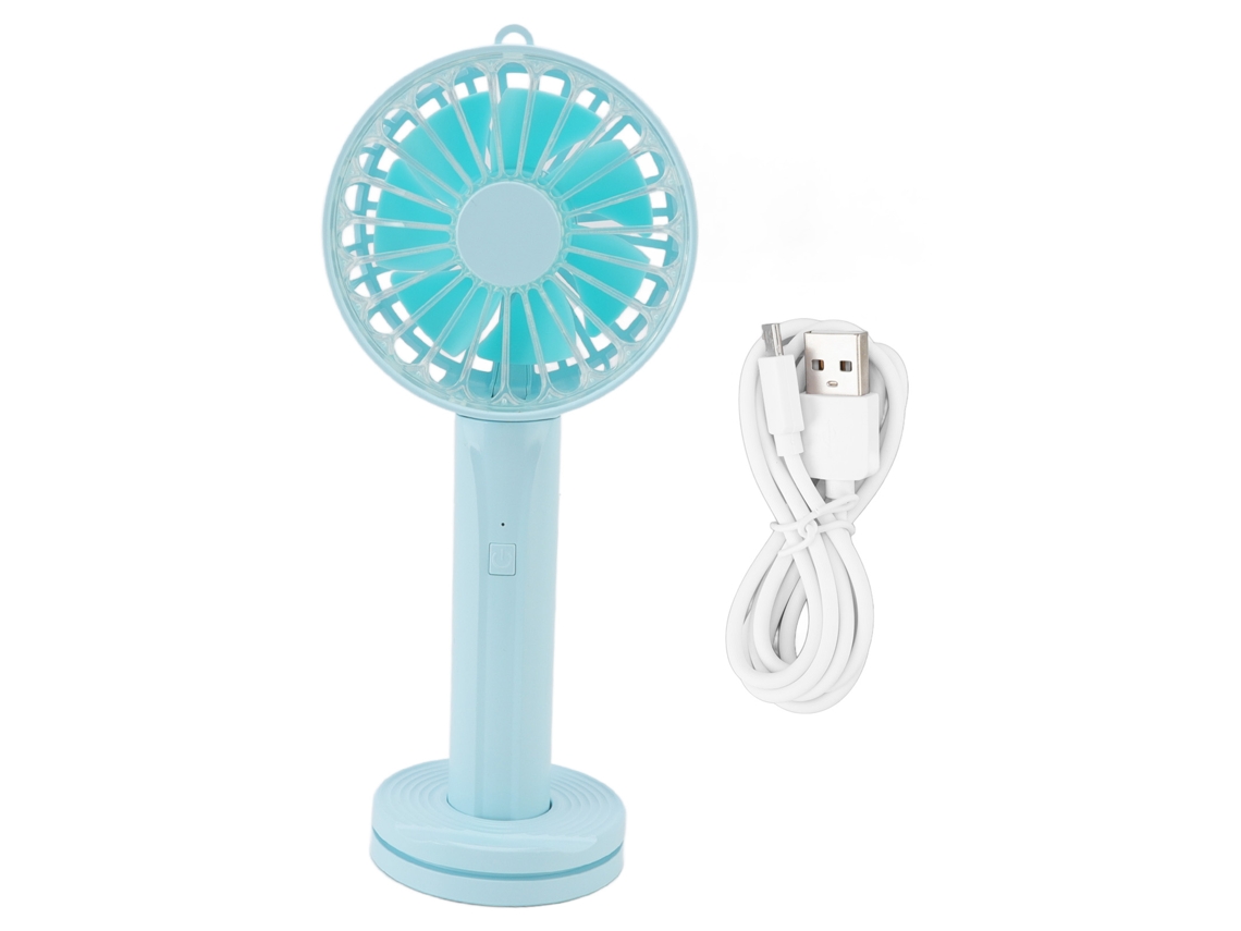 Mini ventilador USB portátil con base azul claro