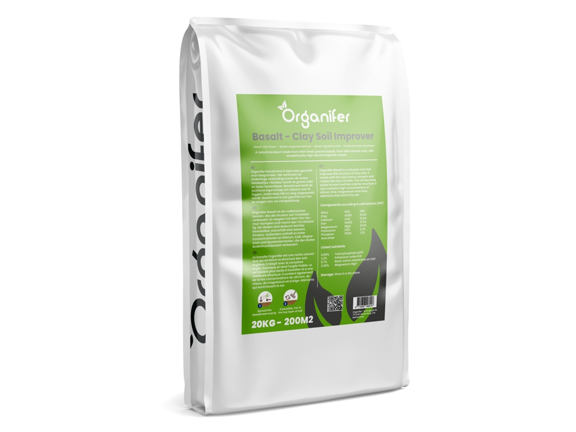 Mejorador de Suelo de Harina de Basalto para Suelos Arcillosos (20 kg – para 200 m2) - Organifer