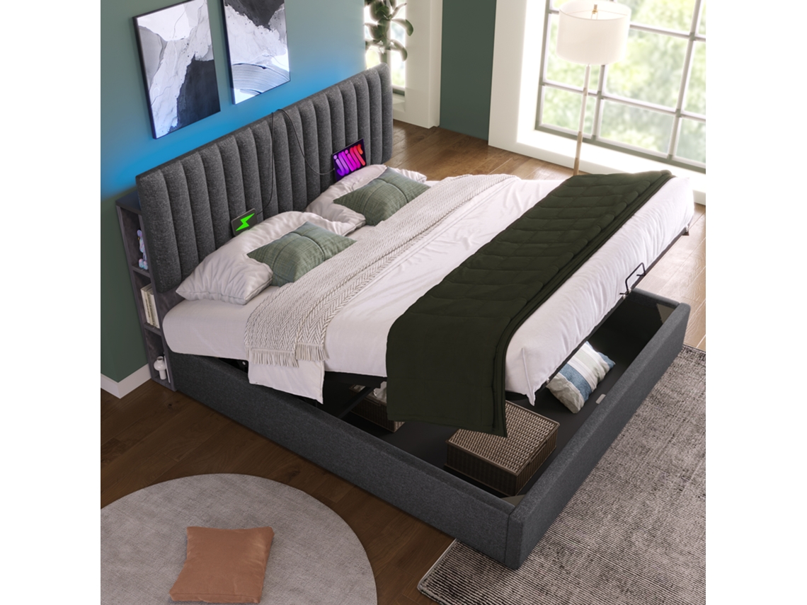 Cama Con Arcón Tapizada En Lino Con Puertos De Carga Y Led - 140 X 200 Cm - 3 Compartimentos En La Cabecera Ajustable - Gris