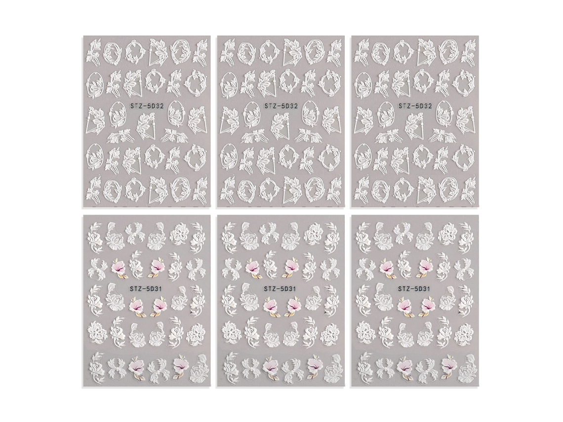 6 pegatinas de flores 5D, encaje blanco recortado para decoración de uñas NEVEANCE