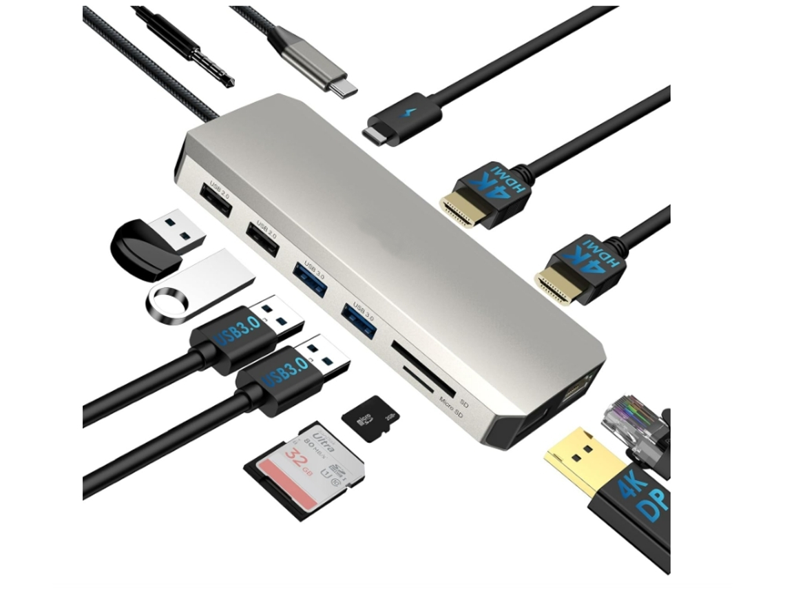 Hub USB C 12 en 1 para portátil con triple monitor para MacBook, Dell, HP y Lenovo, color gris Gusshious