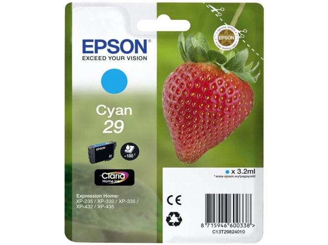 Cartucho de tinta original EPSON, 29, Fresa 3,2 ml , Cian, Estándar, C13T29824012, T2982