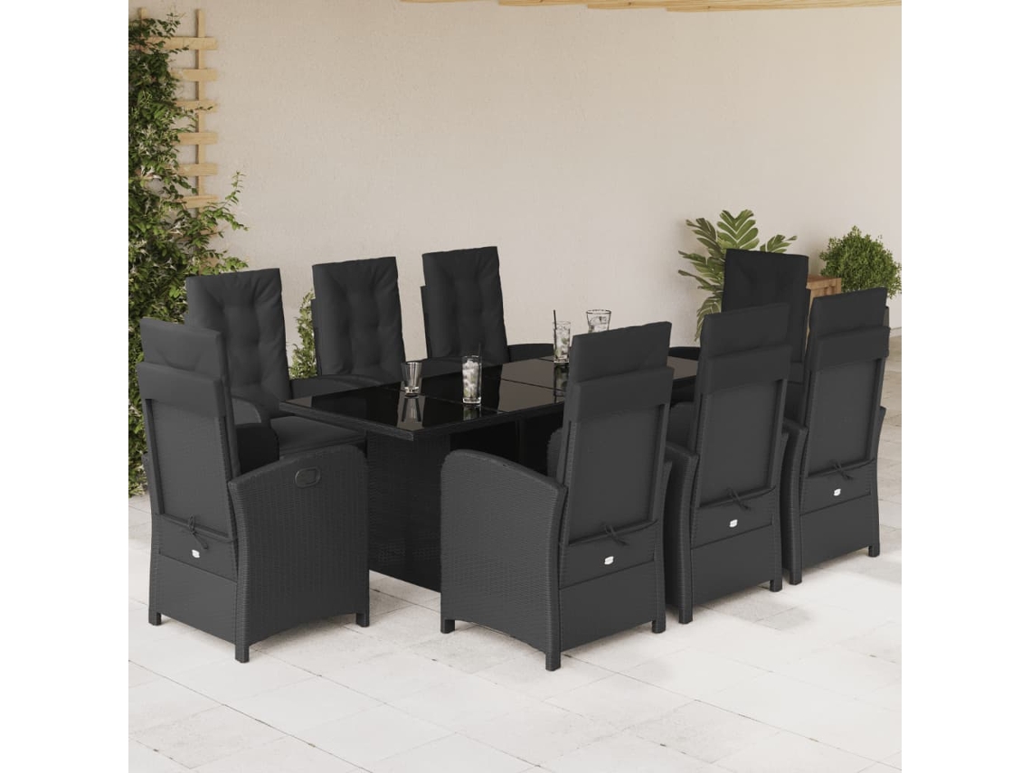 Juego de comedor de jardín de 9 piezas con cojines, mimbre sintético negro, DKD Home Decor