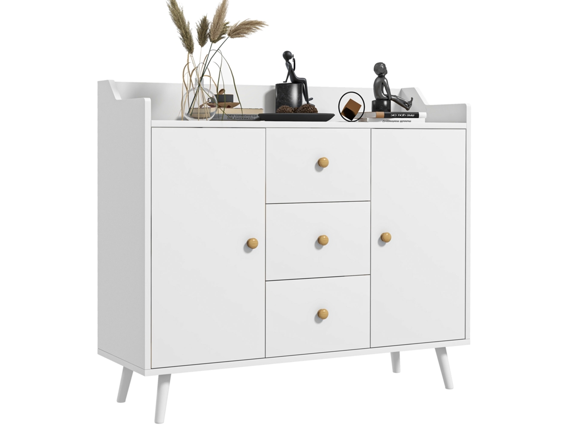 Buffet com 2 Portas, 3 Gavetas e Pés de Madeira Maciça, Estilo Moderno, 90 X 32 X 80 Cm, Branco. ZENCORE SERVICES