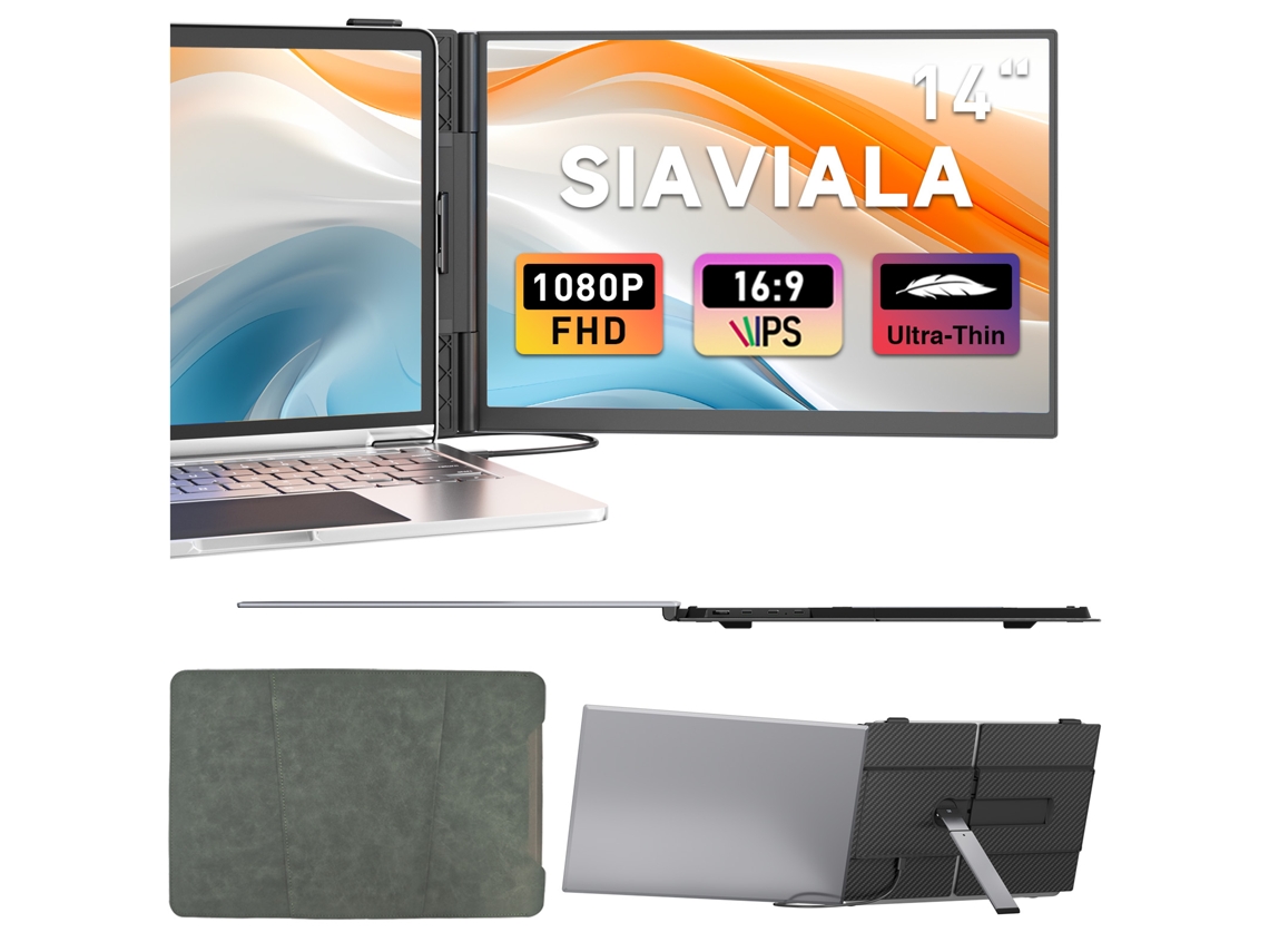 Monitor Siaviala S8 de 14" FHD, 0,66 kg, 1,56 cm de grosor. 300 nits, bisagra de 180º y compatibilidad universal. Ideal para oficinas móviles.