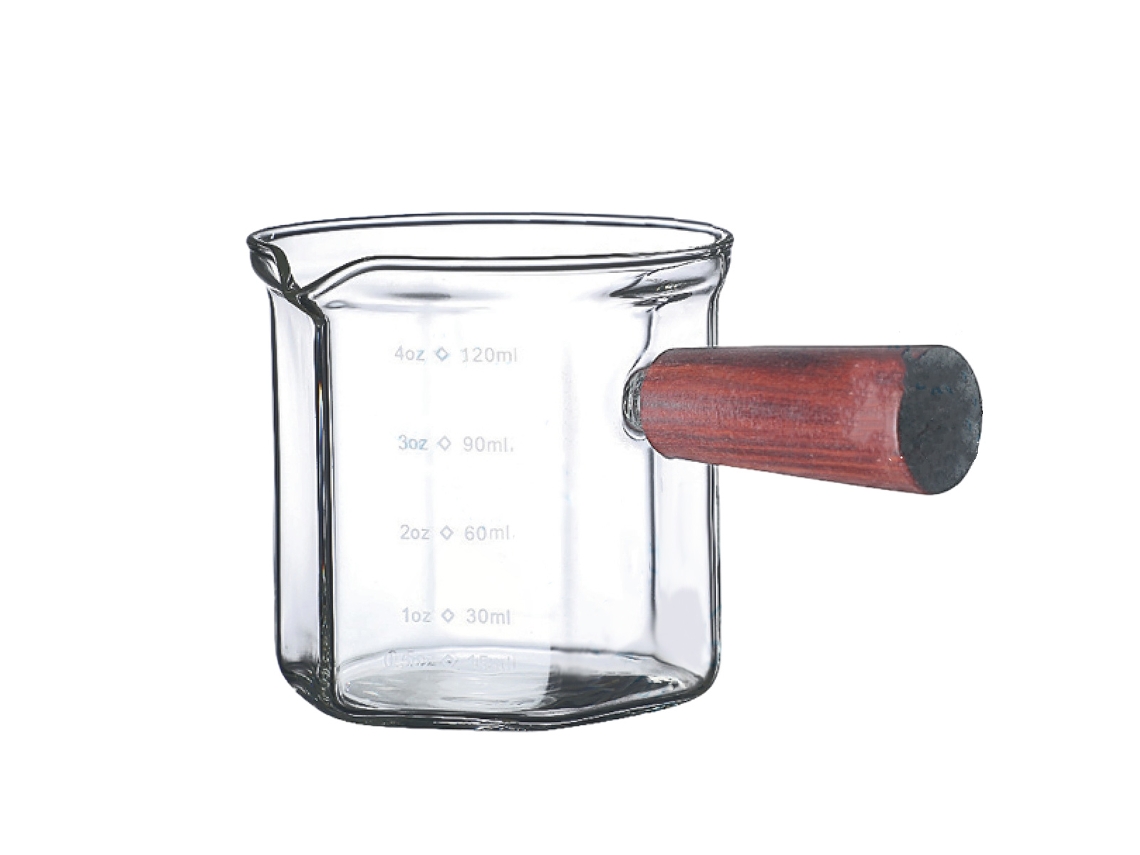 HYMNORA Vaso Dosificador de Vidrio 120ml Transparente con Mango de Madera, Pico Único, Dosificador Triple para Leche, Café o Té