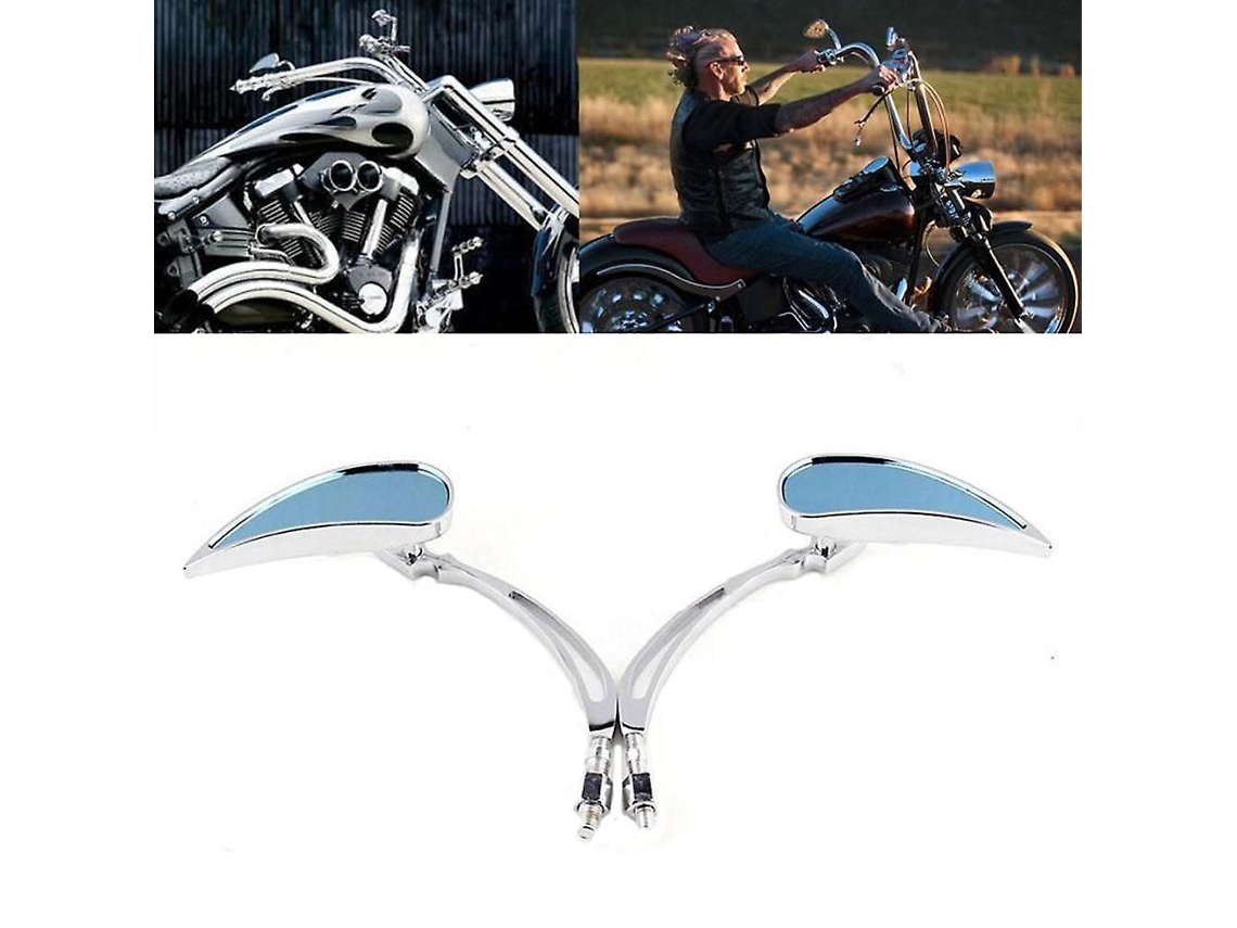 Espejos laterales cromados gota para motos calle, deportivas, cruisers y choppers. Compatible Harley Sportster y Softail XL.