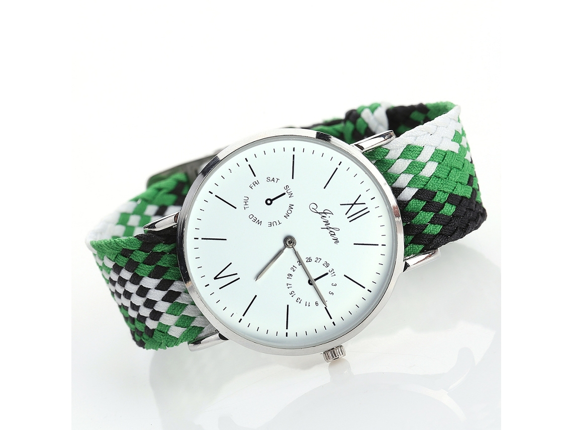 Reloj De Pulsera Étnico De Cuarzo Con Correa Tejida, Unisex, Blanco Y Verde.