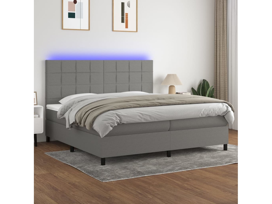 Cama Box Spring Colchón Y Luces Led Tela Gris Claro 200x200 Cm