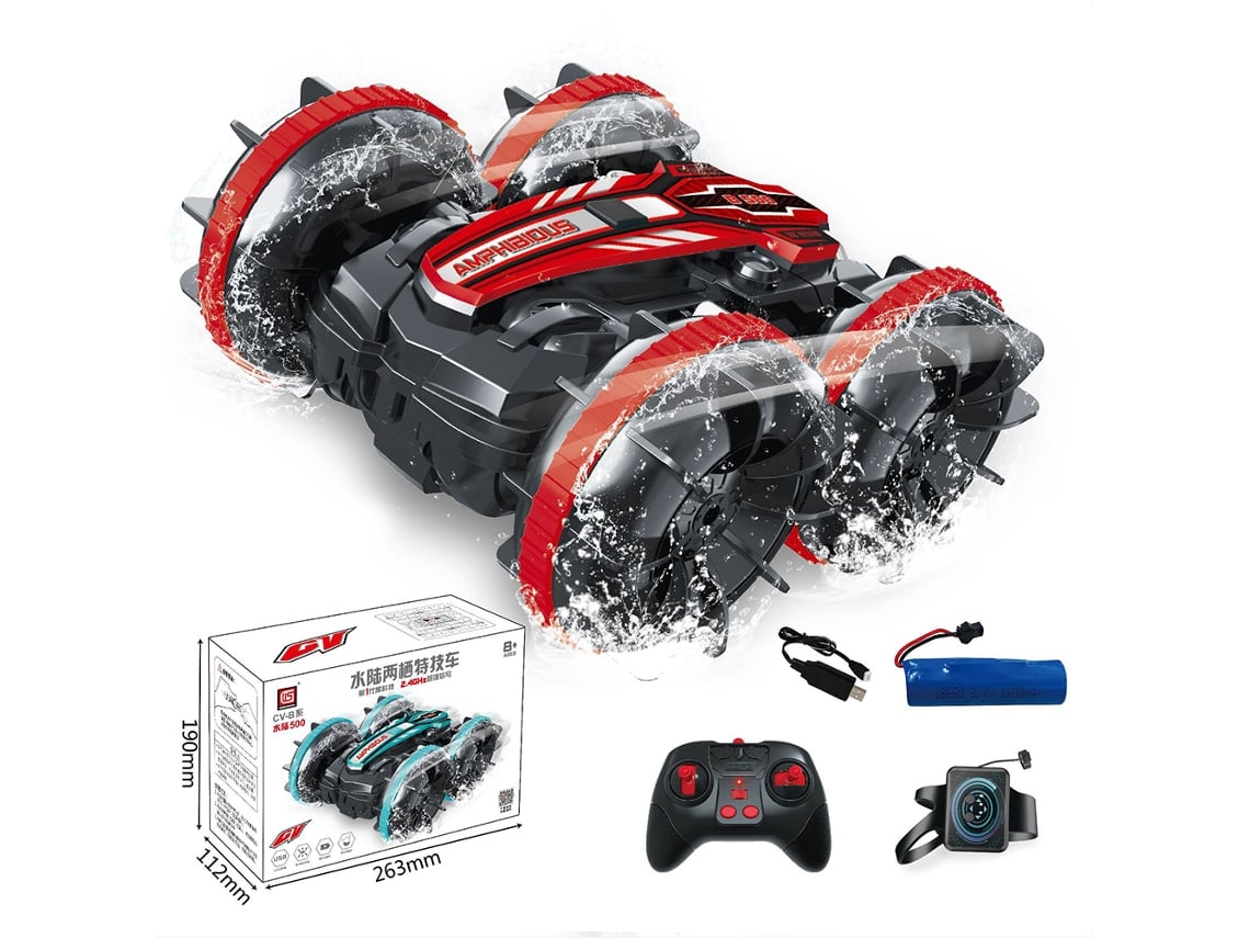 Coche anfibio de control remoto para niños, resistente al agua, con giros de 360° y derrapes, color rojo. Aeuzwr