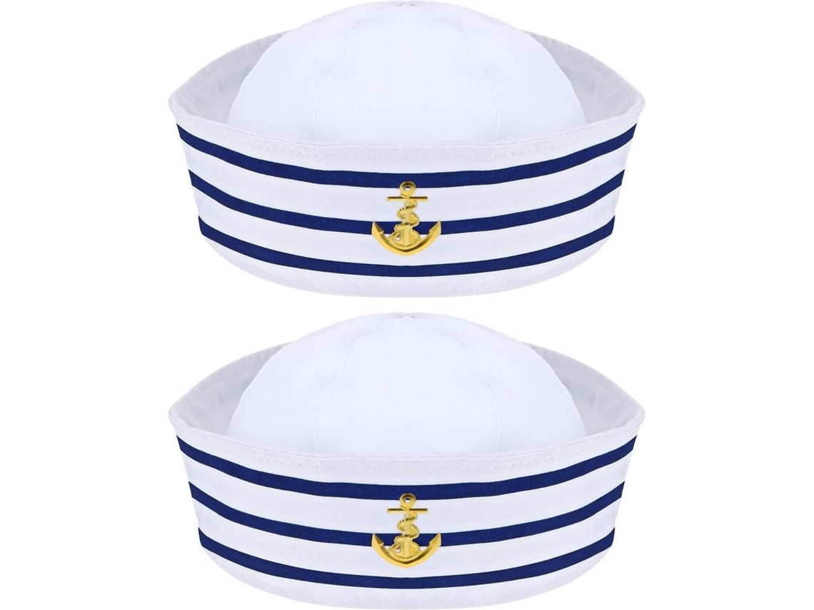 Gorro De Capitán De Yate Azul Con Rayas Blancas Acessório De Disfarce Para Adultos E Adolescentes 2 Peças