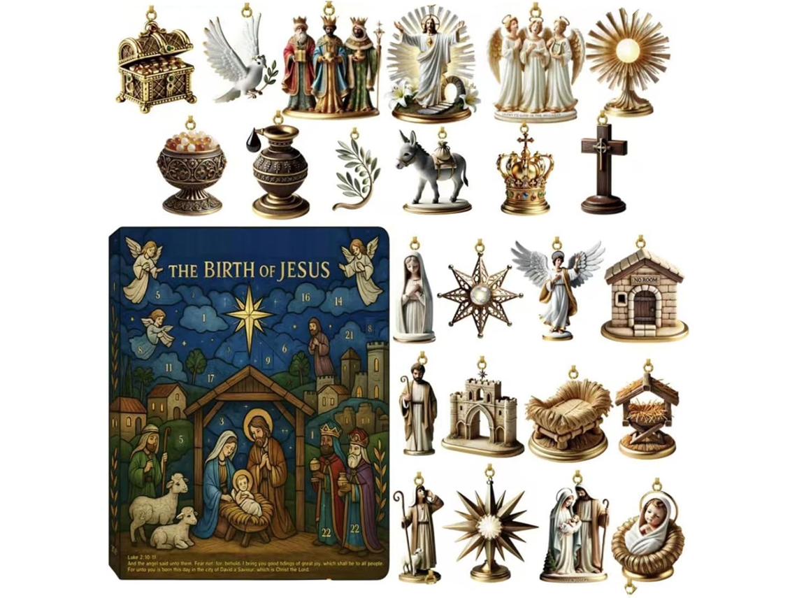 Calendario de Adviento con 24 colgantes que representan el nacimiento de Jesús, para adultos y adolescentes.
